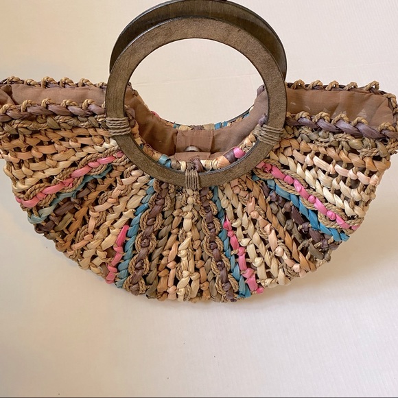 Women’s straw woven Bohemian Tan pink & Teal Braided round handle Beach bag - Picture 8 of 14